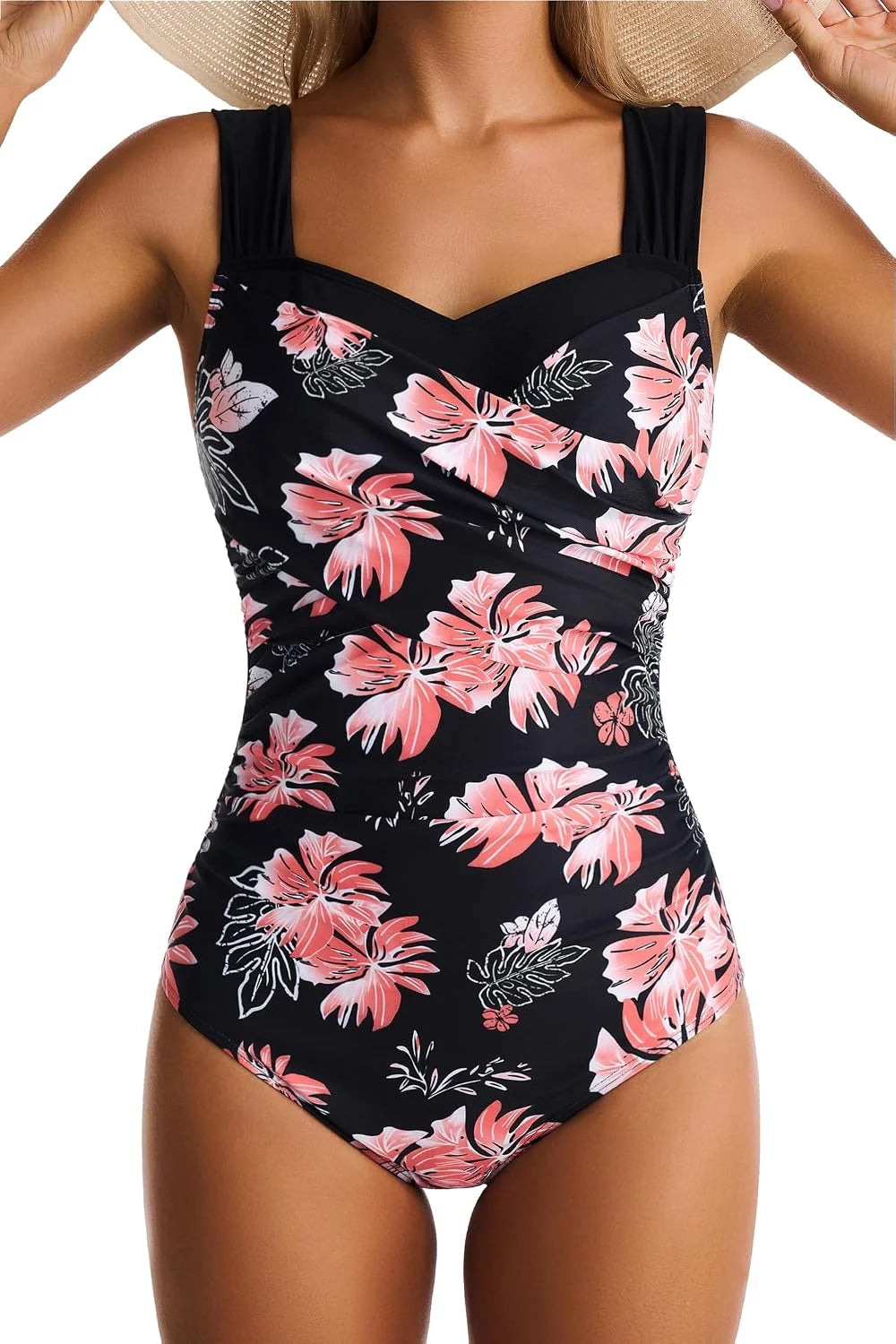 One Piece Swimsuit for Women Tummy Control Wide Straps Bathing Suits Full Coverage Swim Suit Color Block Swimwear