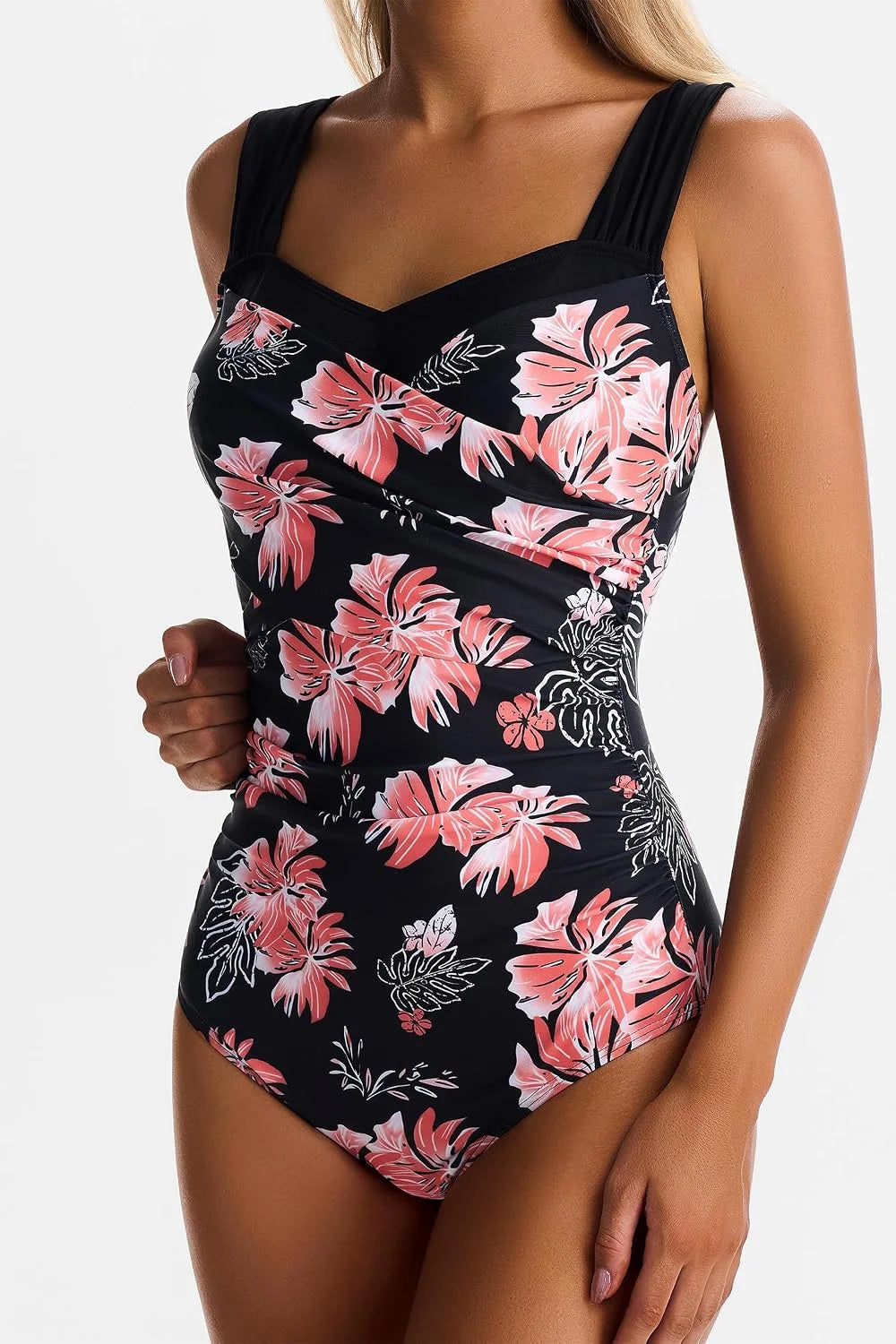 One Piece Swimsuit for Women Tummy Control Wide Straps Bathing Suits Full Coverage Swim Suit Color Block Swimwear