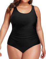 Plus Size One Piece Athletic Swimsuit Tummy Control Ruched Bathing Suit