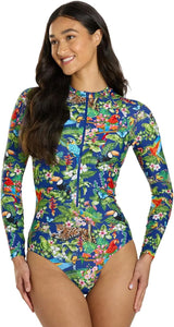 Sporti Women's Athletic Zip Front Long Sleeve One Piece Swimsuit