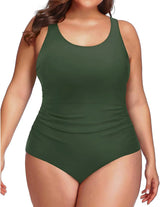 Plus Size One Piece Athletic Swimsuit Tummy Control Ruched Bathing Suit